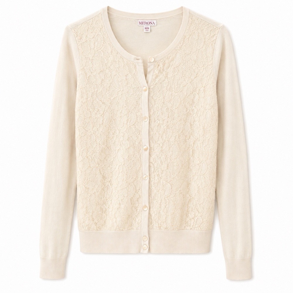 Women's M Romantic Lace Coquette Cottagecore Ivory Fitted Cardigan Soft Cozy